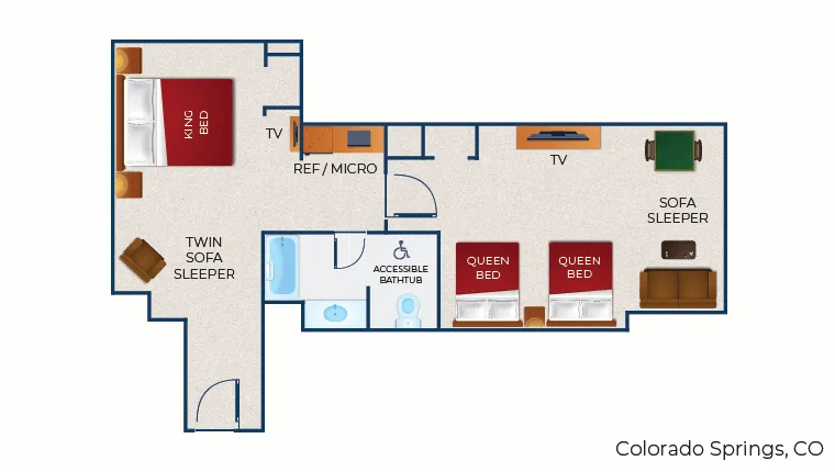 The floorplan for the accessible bathtub Gray Wolf Suite 